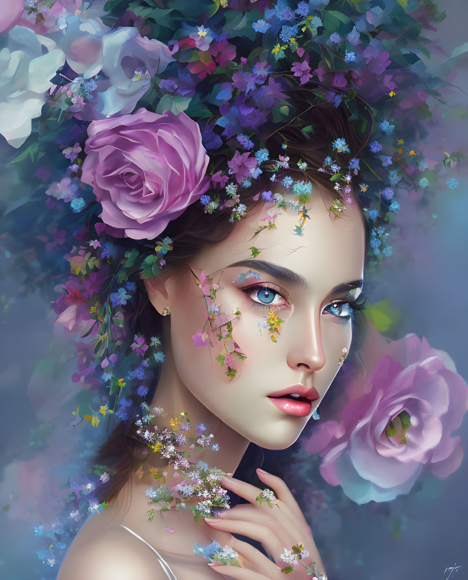 Detailed Digital Portrait of Woman with Flowered Hair