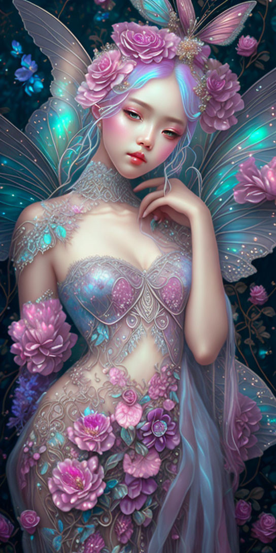 Fantasy illustration of female with iridescent wings and floral tattoos