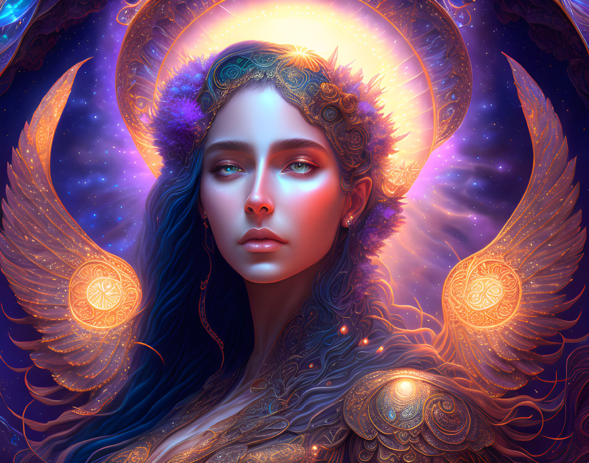 Digital art portrait of a woman with ethereal wings and glowing halo in cosmic setting