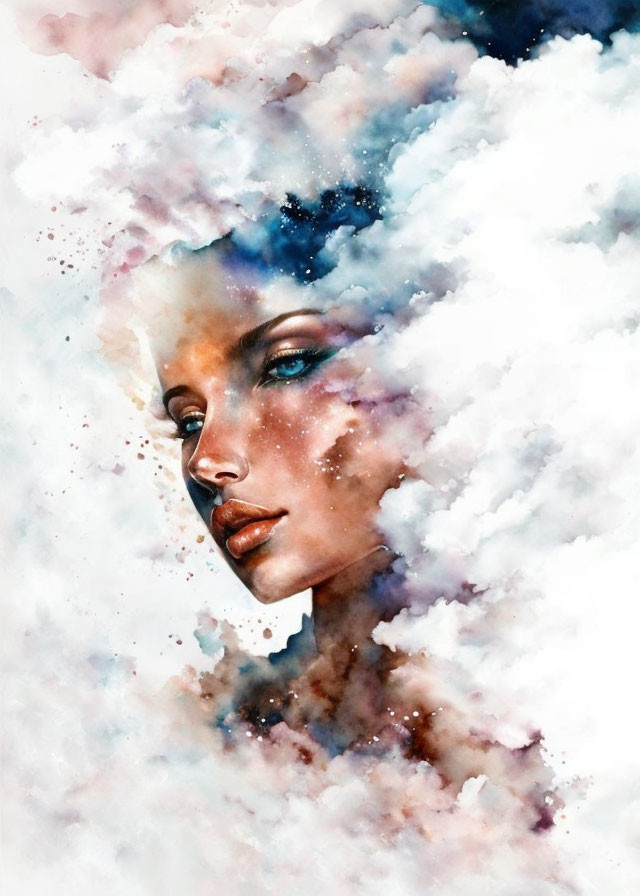 Watercolor Portrait of Woman Merging with Cosmic Clouds