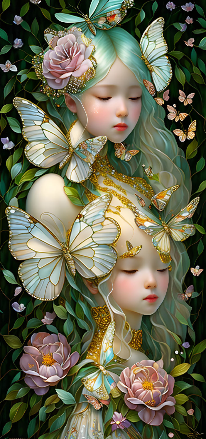 Ethereal figures adorned with golden ornaments surrounded by butterflies in lush greenery.