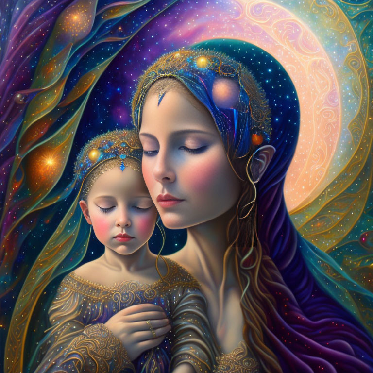 Vibrant celestial-themed painting of woman and child in cosmic setting