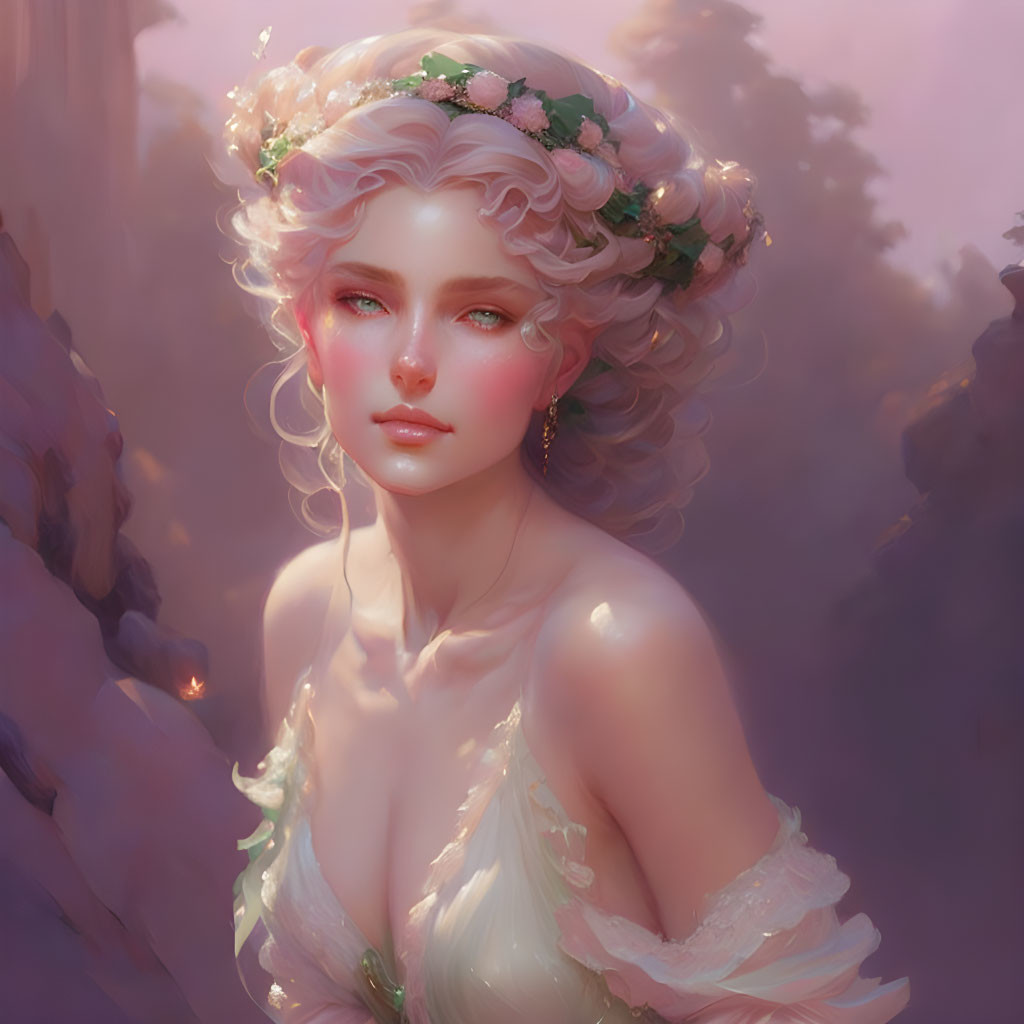 Whimsical woman portrait with floral crown and ethereal glow