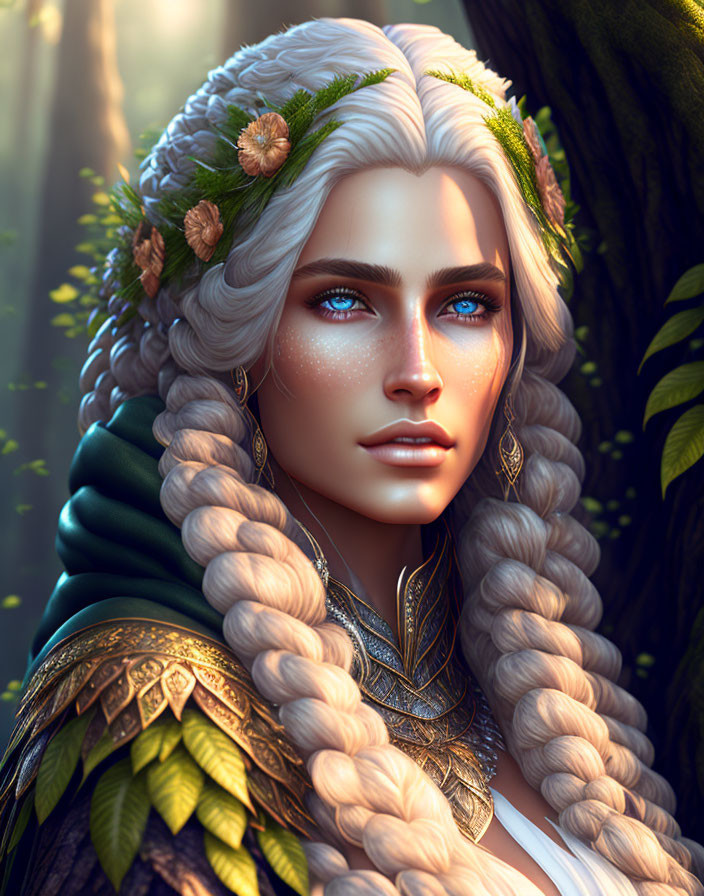 Digital artwork: Majestic woman with white braided hair, blue eyes, freckles, and