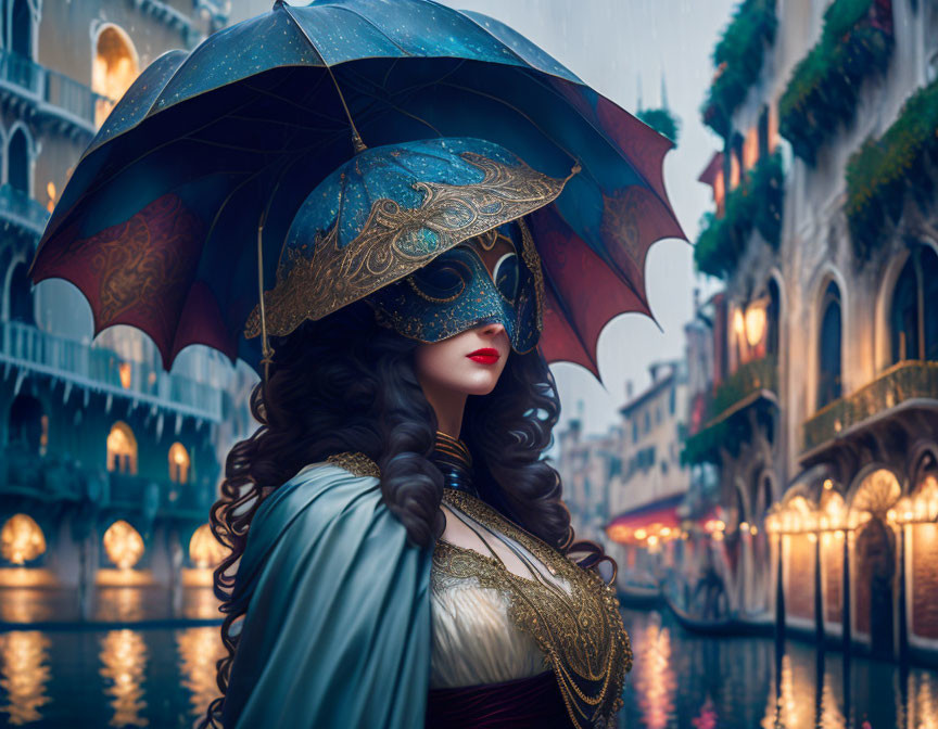 Venetian mask woman with umbrella by rainy canal