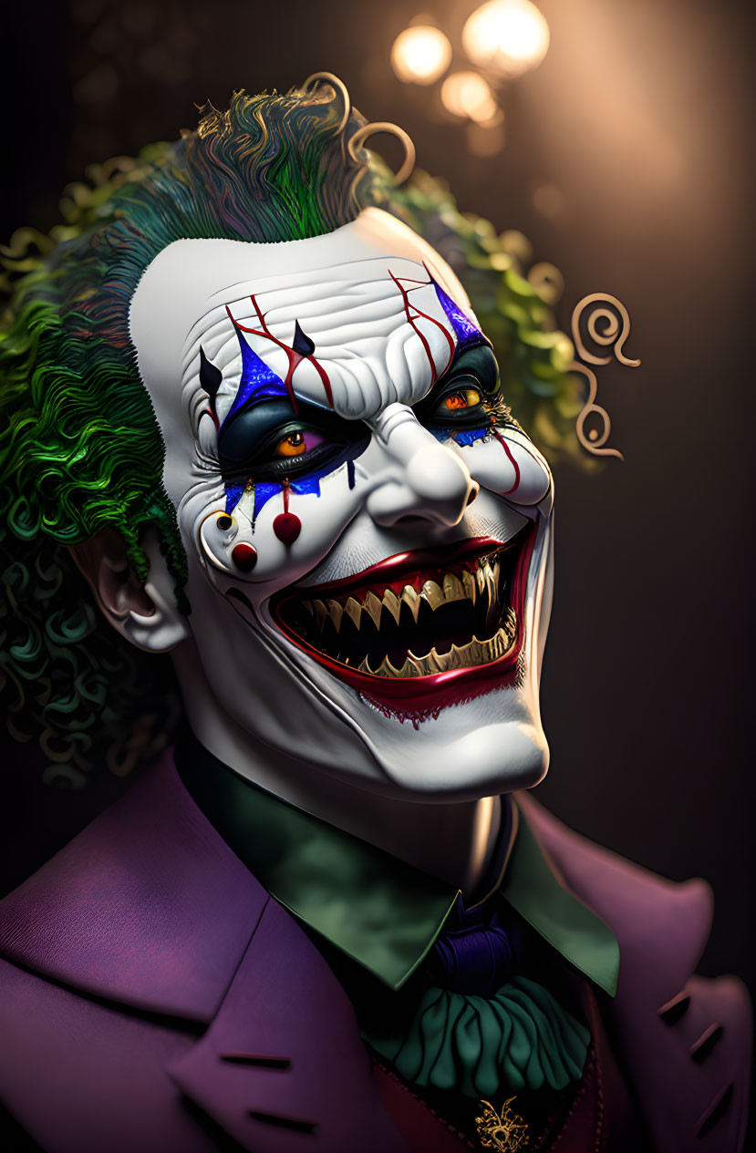 Stylized illustration of a grinning Joker with green hair and purple suit