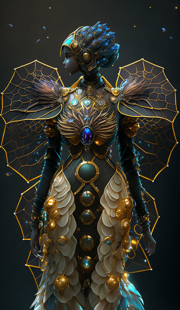 Digital artwork of humanoid figure in golden armor with gem-encrusted chest piece and wing-like attachments