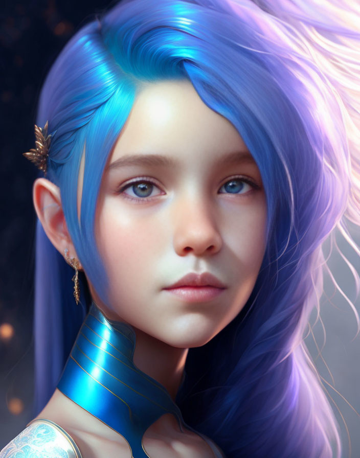 Fantasy character portrait with vibrant blue hair and blue armor