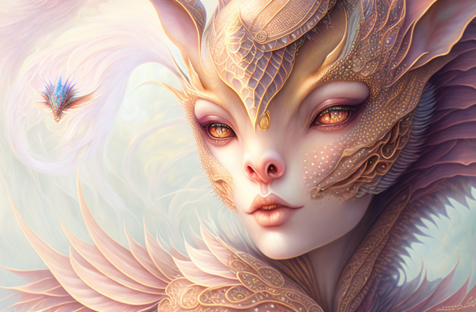 Fantasy illustration of human-like creature in ornate gold armor with feathers and mystical light