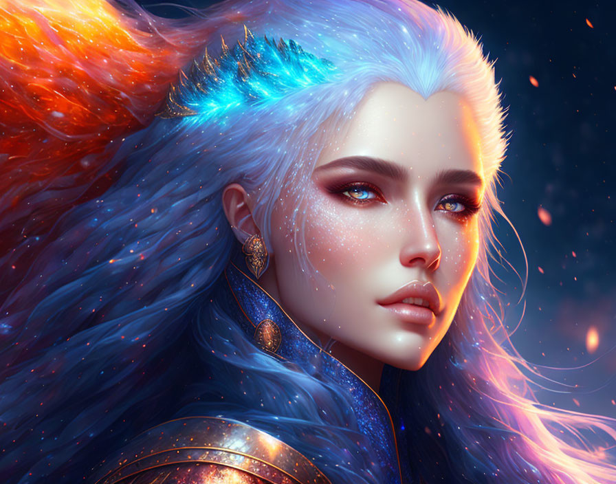 Fantasy-themed illustration of a woman with blue and fiery orange hair, icy blue skin, and sparkling