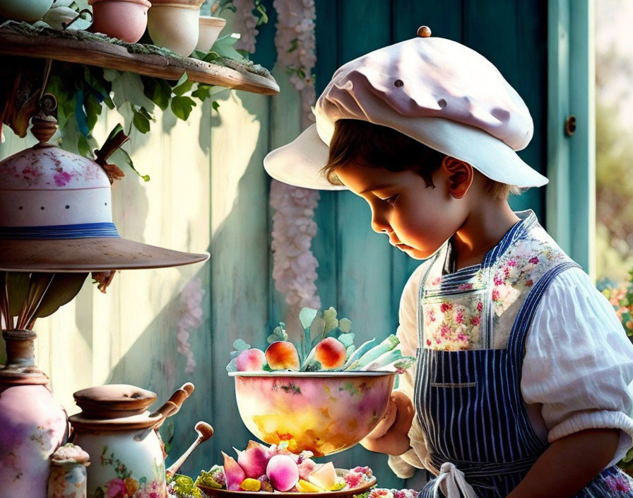 Child in hat and apron gazes at fruit bowl near window with plant pots