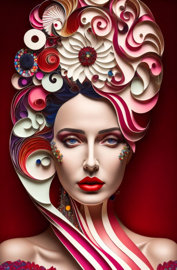 Paper Art Hairstyle with Swirls and Floral Patterns, Vibrant Makeup, and Decorative E