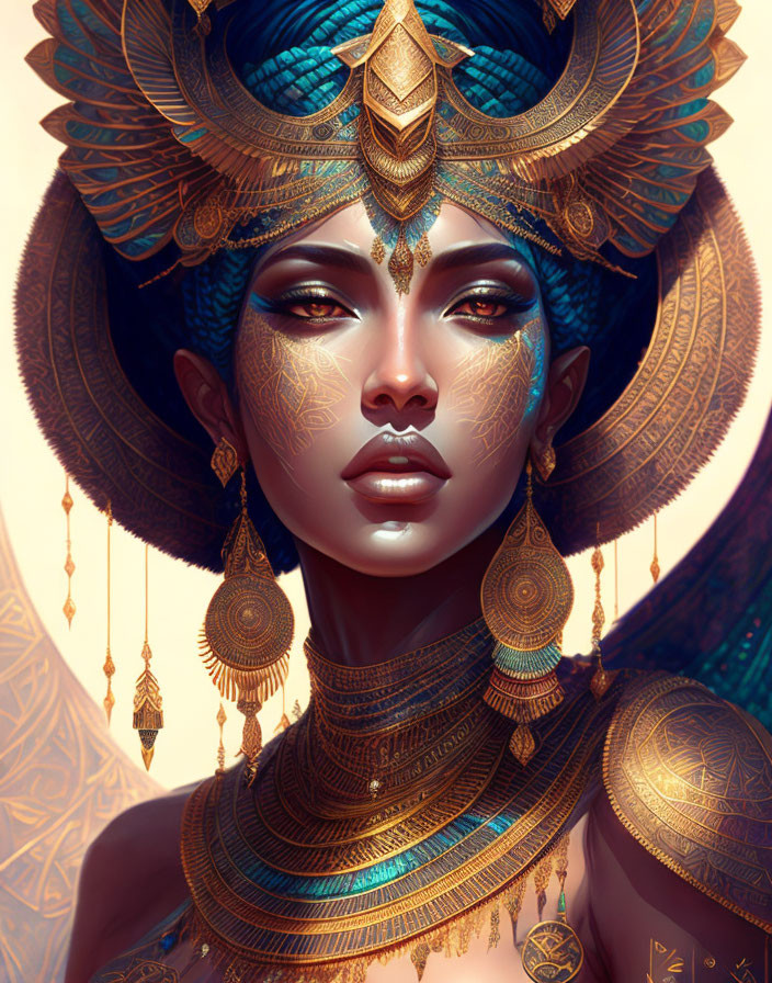 Regal woman in ornate golden headgear and jewelry