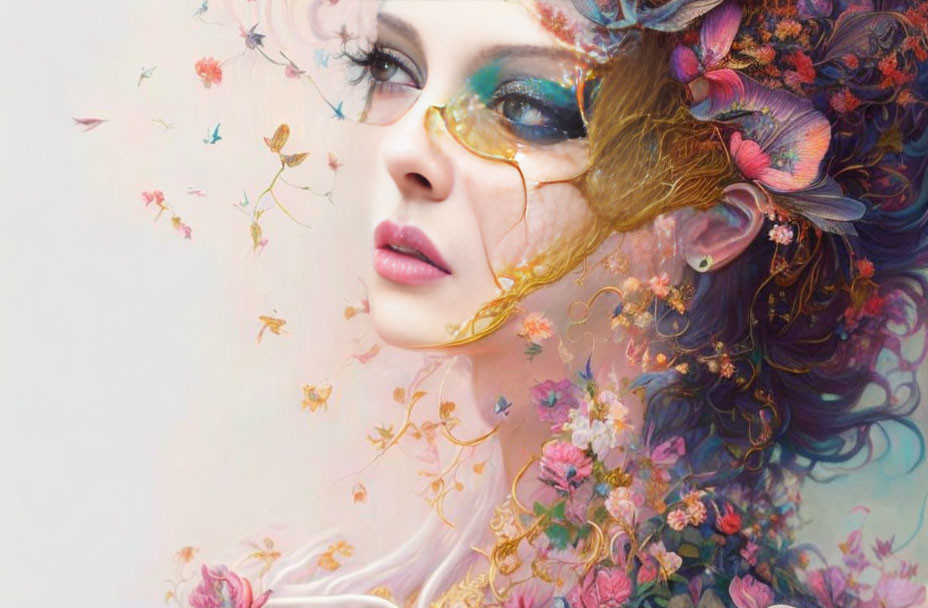 Colorful surreal portrait of a woman with floral elements and butterflies in her hair