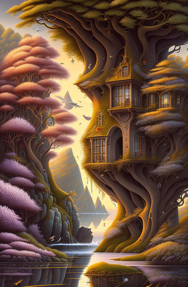 Fantasy treehouse in giant tree with mountain view