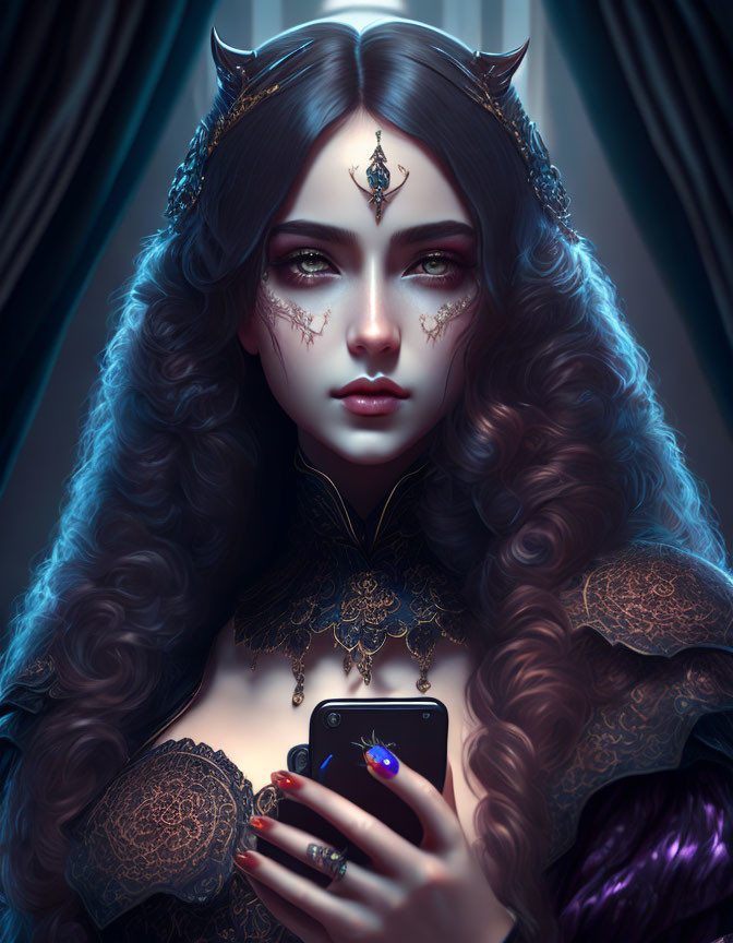 Fantasy Artwork: Woman with Crowns and Jewelry on Dark Blue Background