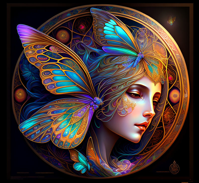 Colorful digital artwork: Female figure, butterfly wings, jeweled headdress, circular motif