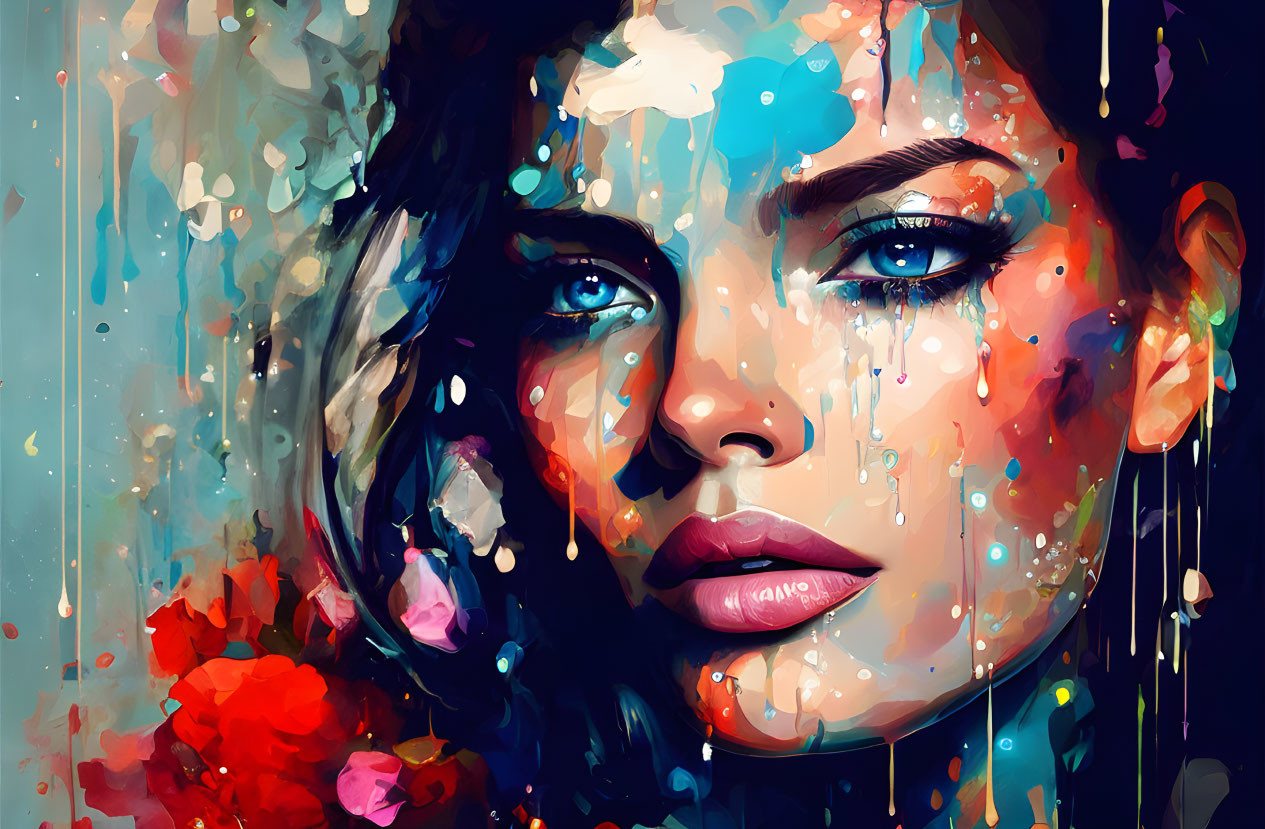 Vibrant abstract portrait of a woman with blue eyes and floral elements