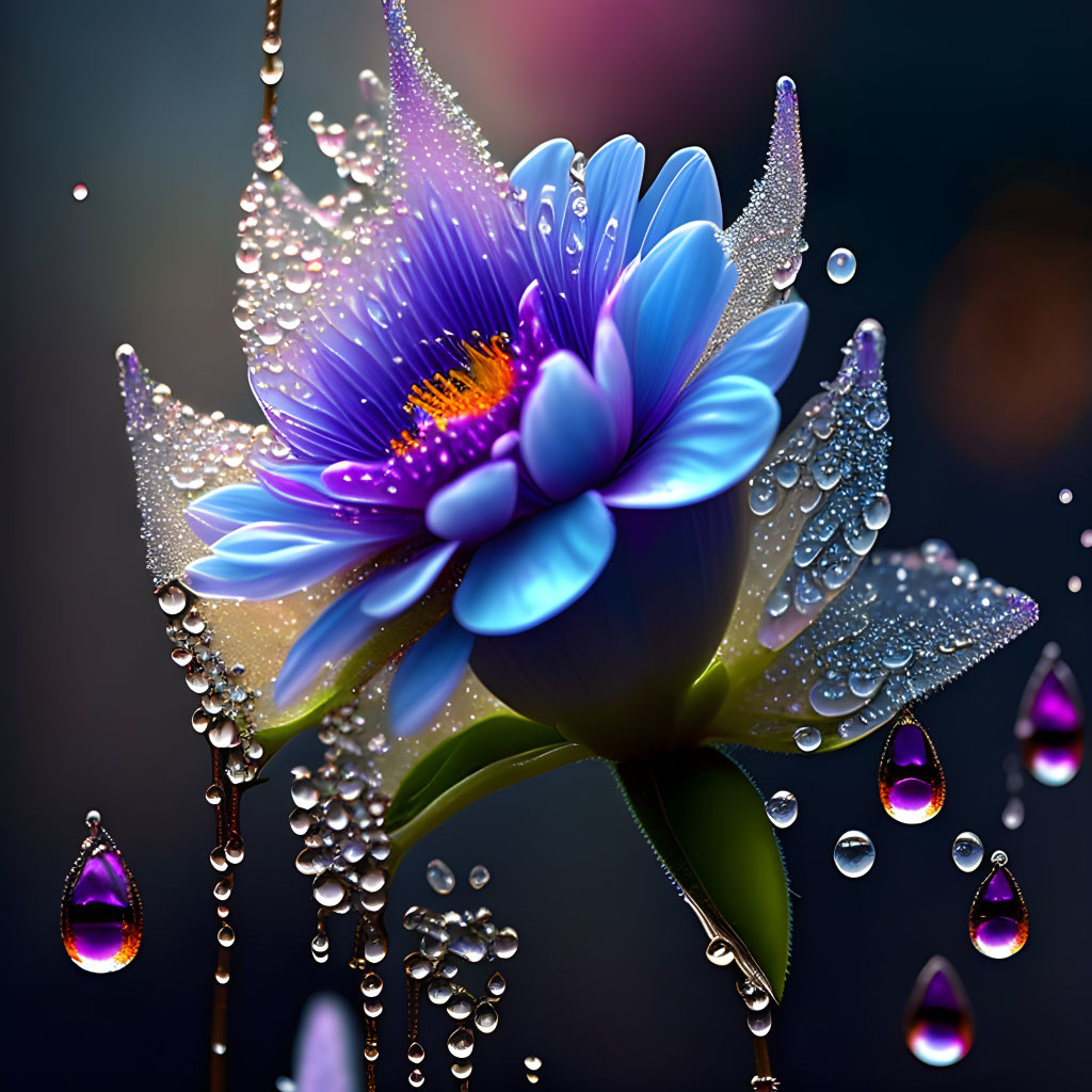 Vibrant blue flower with glowing center and sparkling water droplets on colorful backdrop