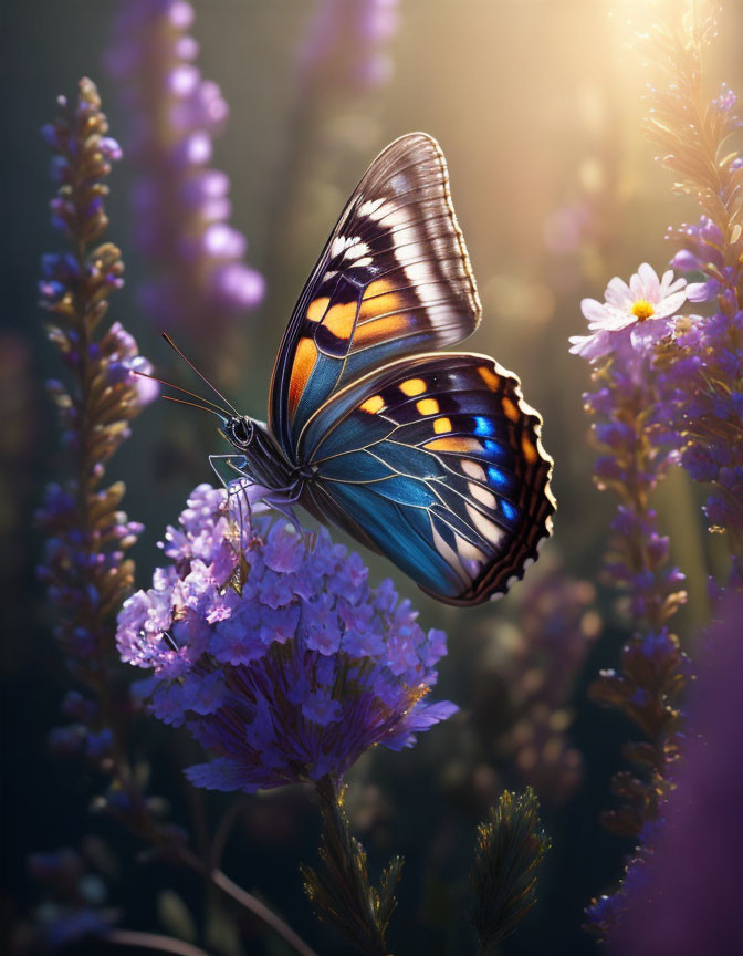 Colorful butterfly on purple flower in sunny garden