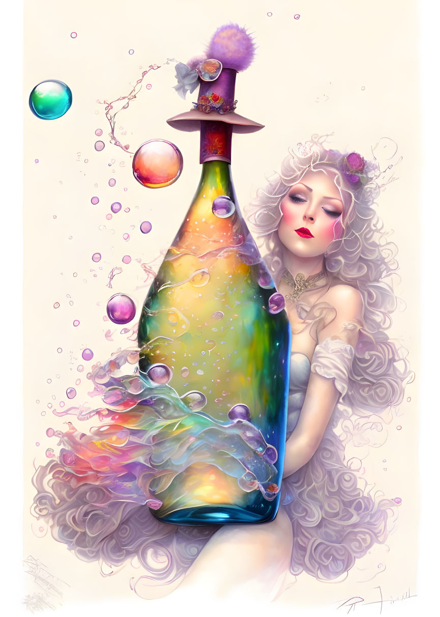 Colorful fantasy illustration: Woman with white hair emerging from bottle