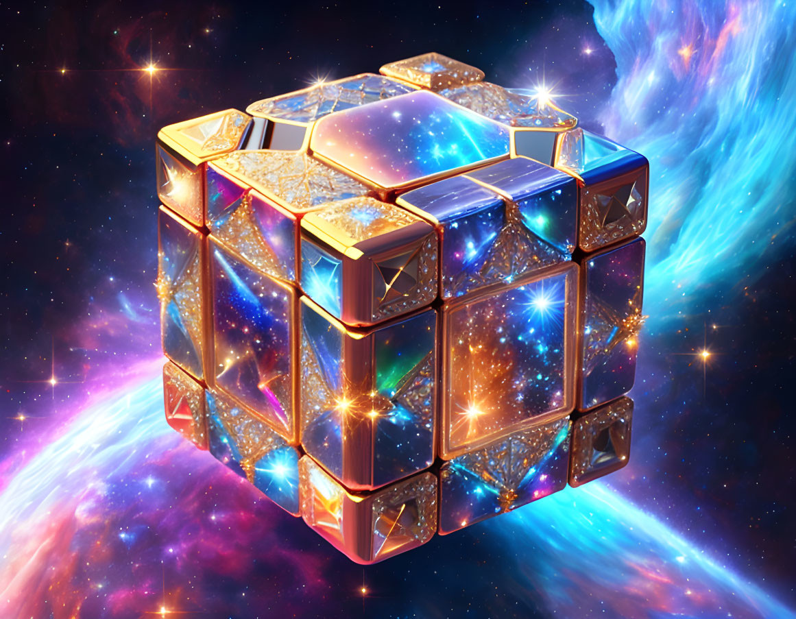 Cosmic-themed Rubik's Cube with stars and nebulas in space