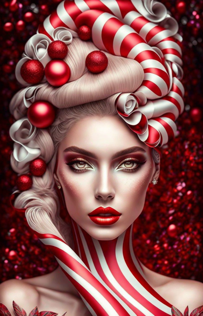 Woman with artistic makeup and candy cane hairstyle against red backdrop