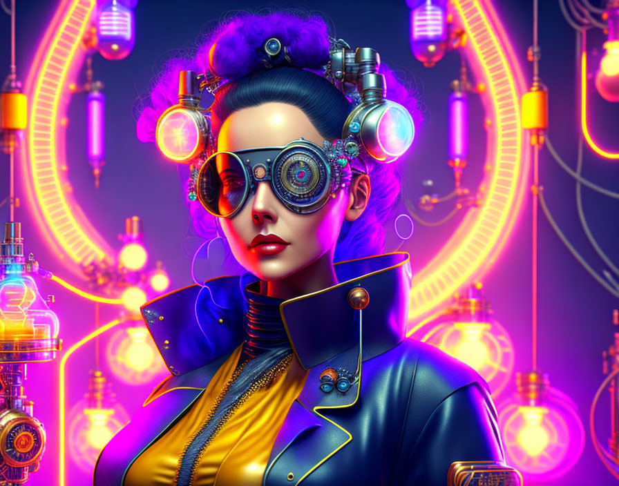 Futuristic woman with augmented reality goggles in high-tech setting