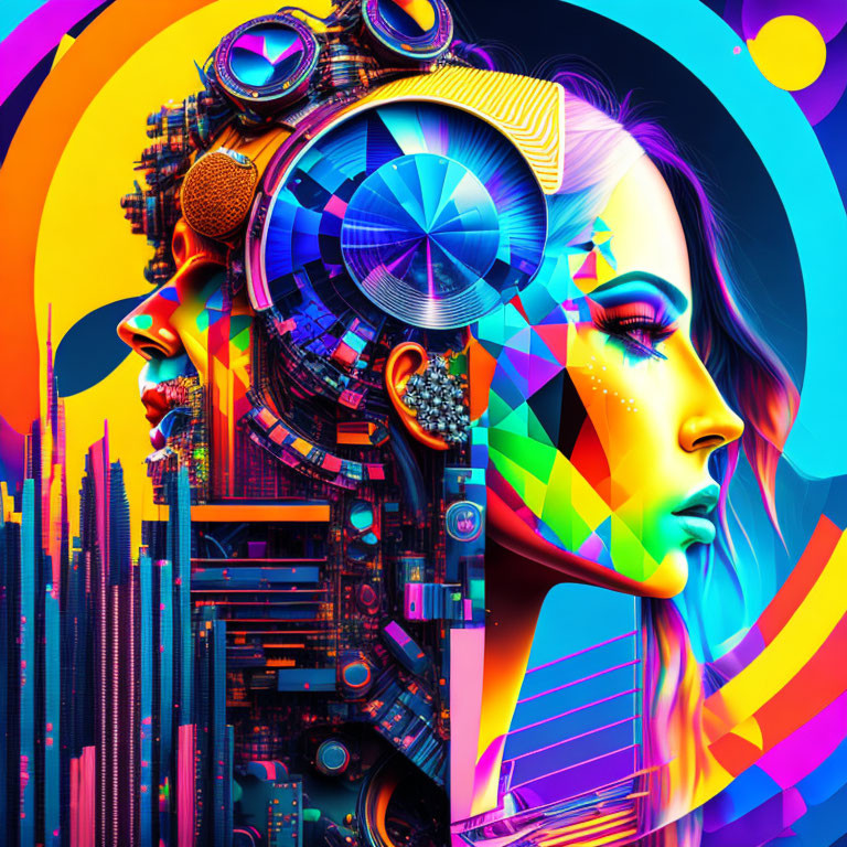 Vibrant digital artwork: woman's profile with cityscape & mechanical elements on neon backdrop