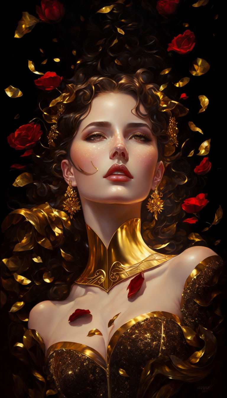 Curly-haired woman in shimmering attire among rose petals on dark backdrop