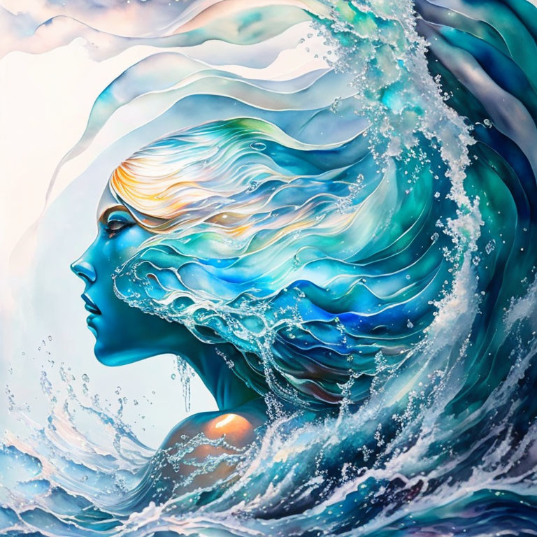 Illustration of woman with flowing hair merging into ocean waves