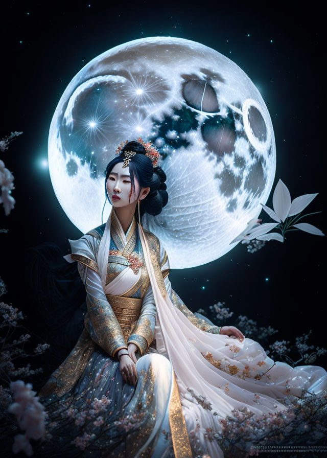 Traditional Asian Attire Woman Sitting Under Large Moon Amidst Blossoming Branches