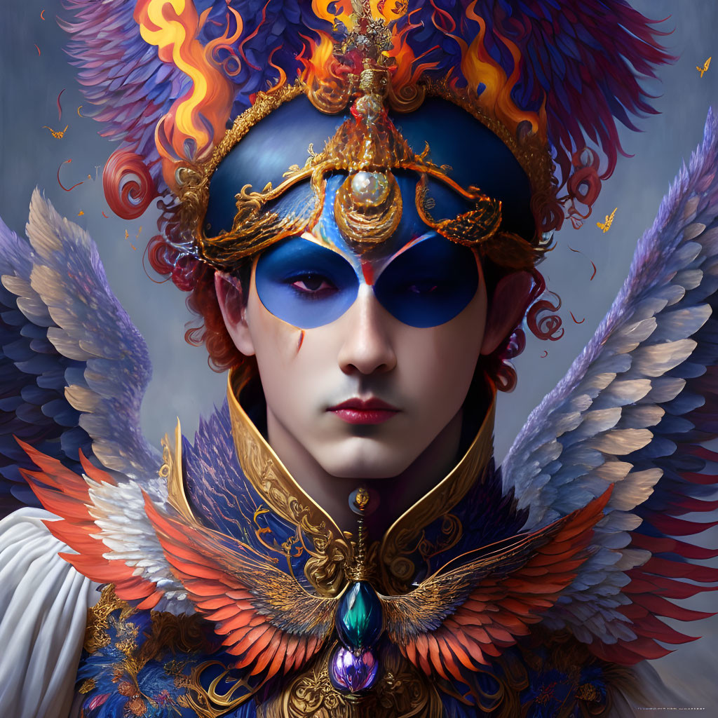 Fantasy portrait: Blue face paint, fiery hair, golden armor with wing details