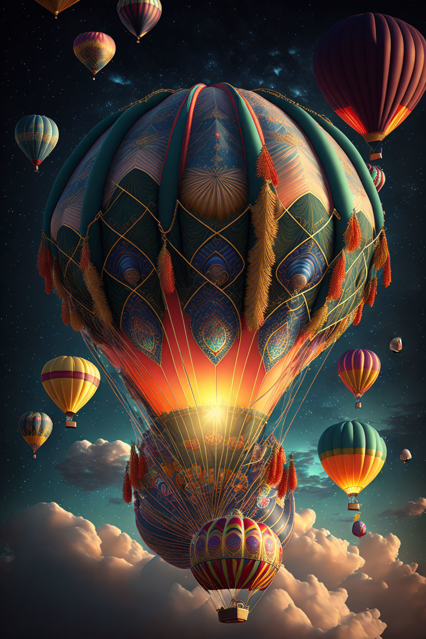 Vibrant hot air balloons in twilight sky with glowing and intricate details