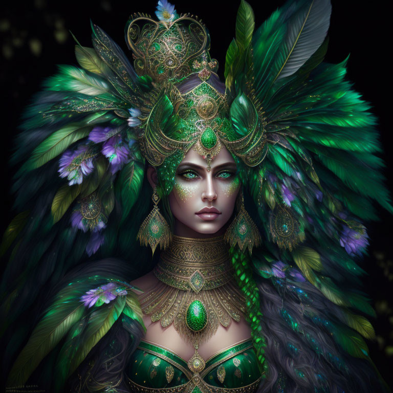 Fantasy portrait of a woman in green and purple feathered headdress and regal attire