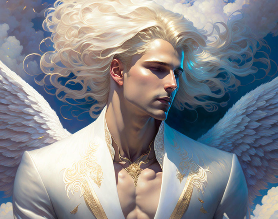 Illustration of angelic figure with wavy white hair and large white wings in ornate white outfit