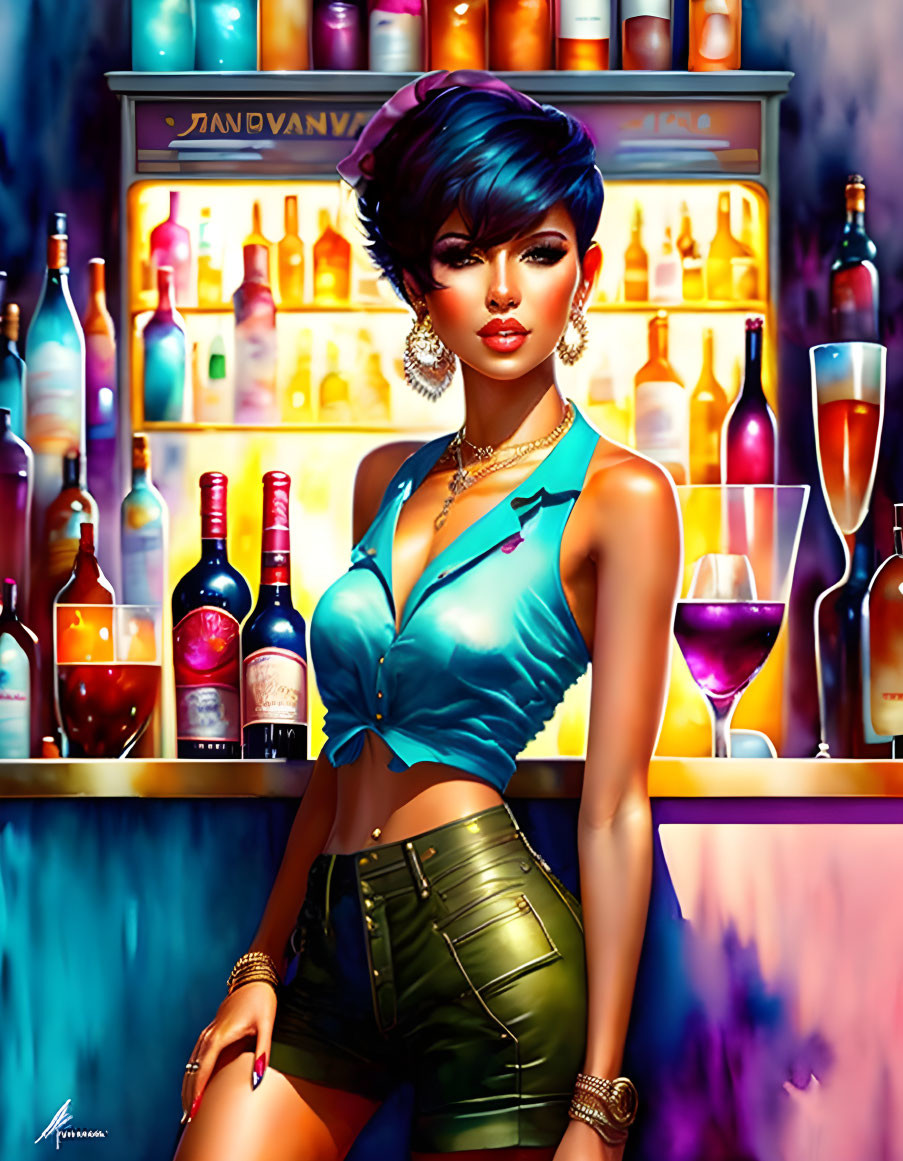 Colorful Illustration of Woman with Blue Hair and Bold Makeup Standing Against Bar Backdrop