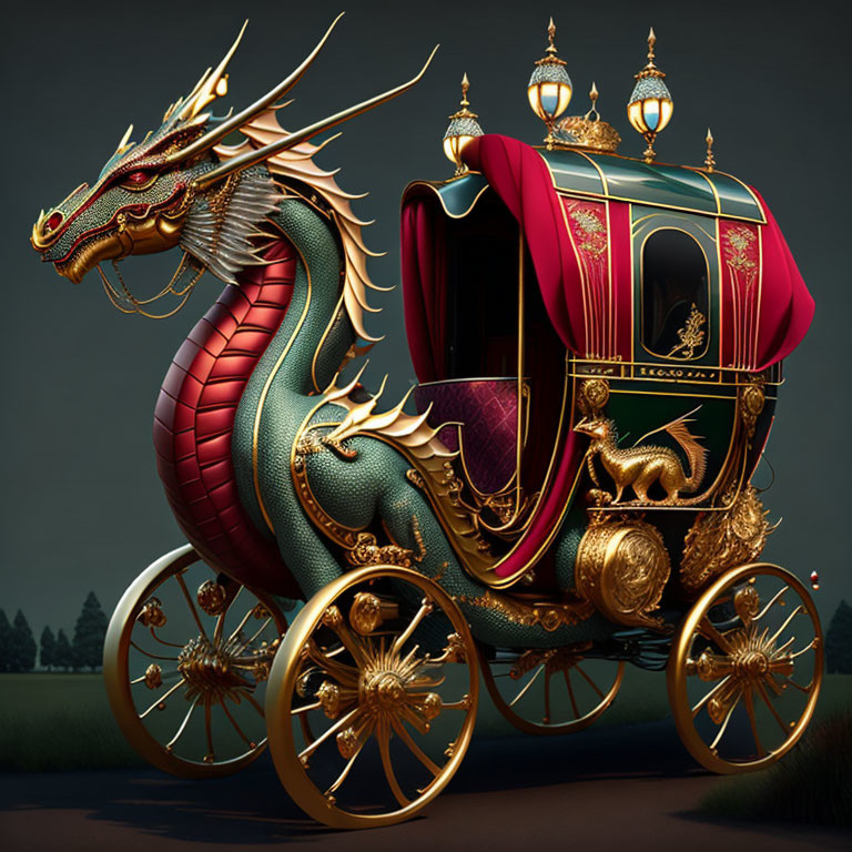 Dragon-themed fantasy carriage with gold details and domed roofs