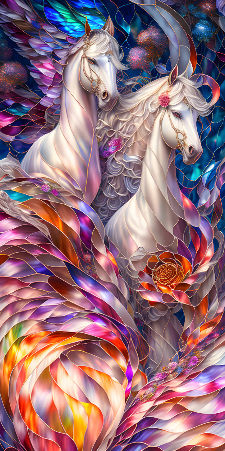 Mythical unicorns with colorful wings in cosmic setting