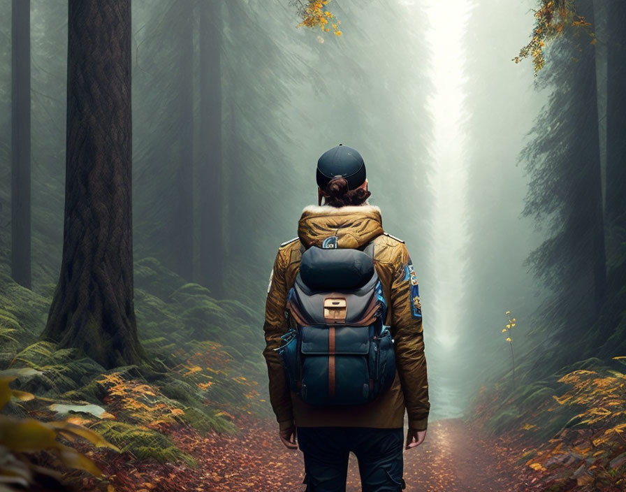 Backpacker in misty forest with glowing path