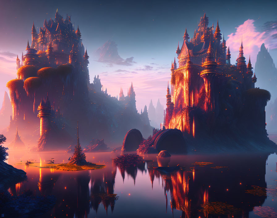 Majestic spire-topped castles in fantastical dusk landscape