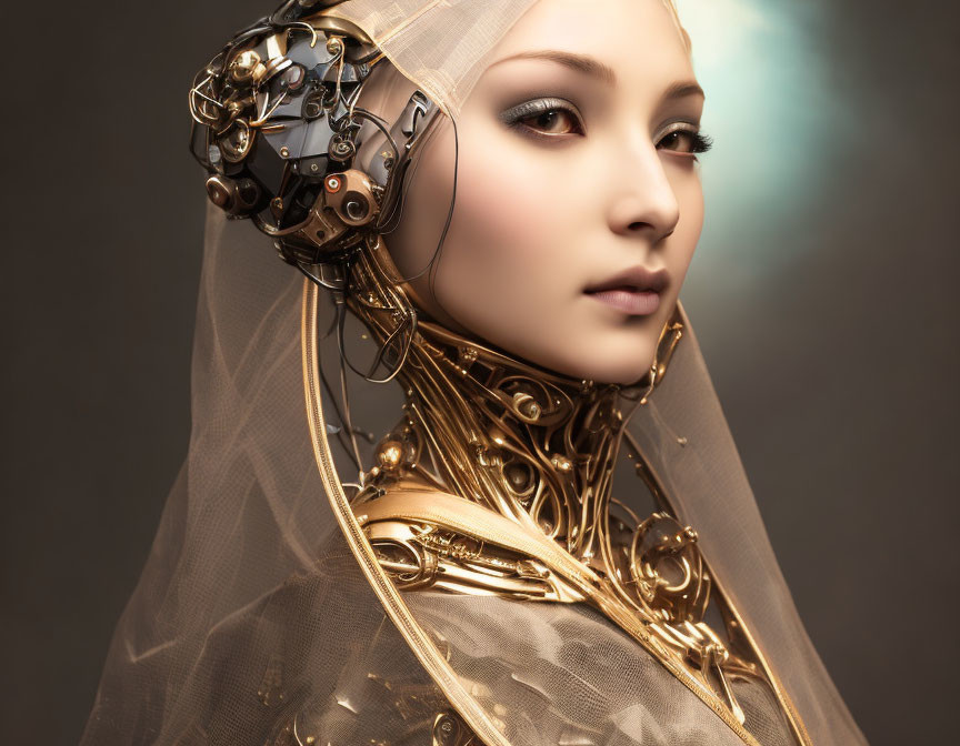 Female humanoid robot in intricate metallic headpiece and golden attire on dark background