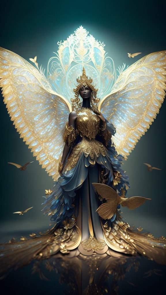 Fantasy artwork of winged figure in golden attire on teal backdrop