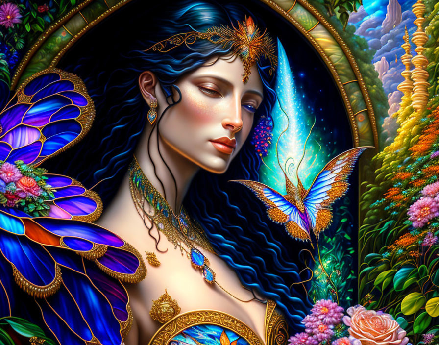 Fantasy artwork of woman with blue butterfly wings and gold jewelry in lush flora