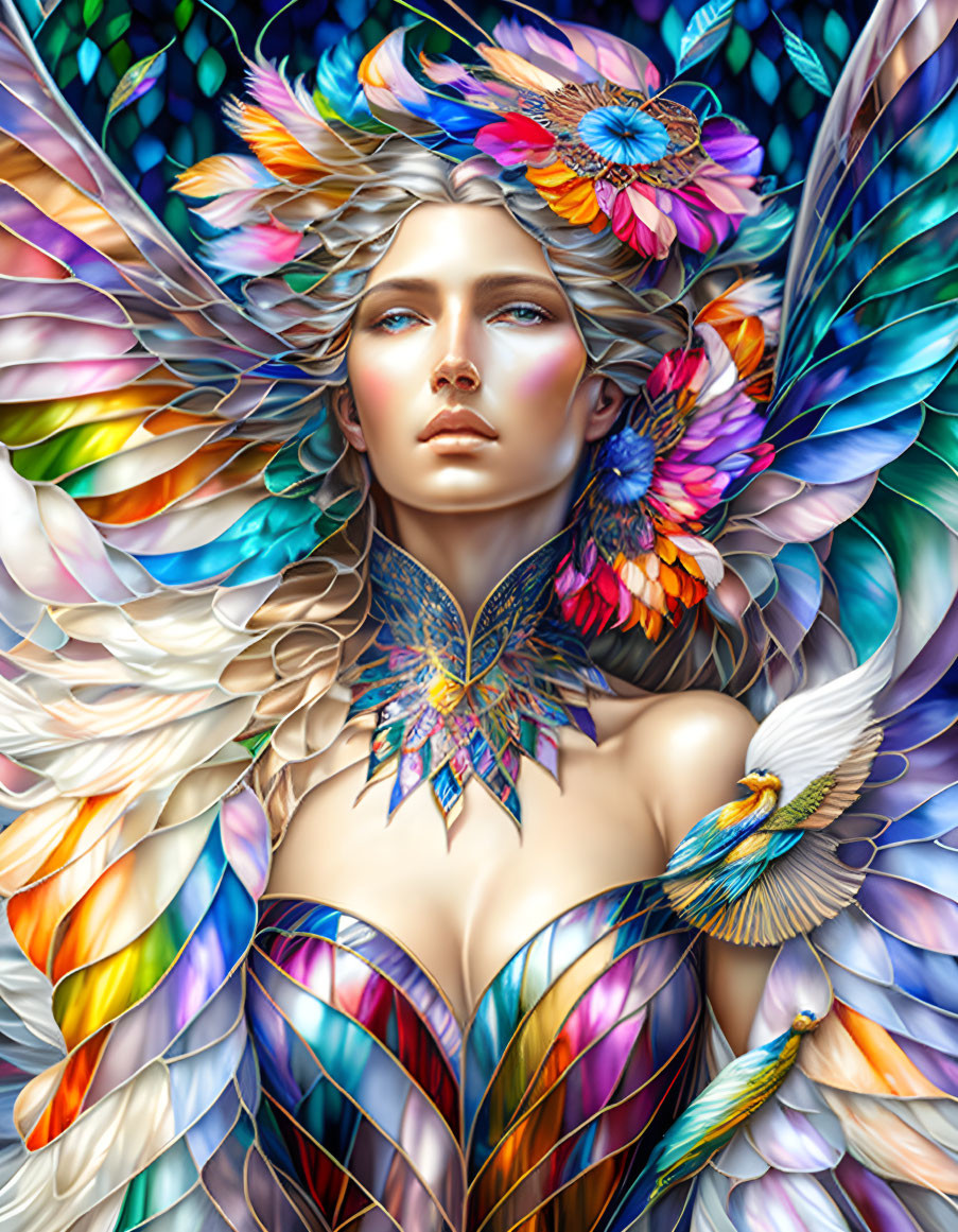 Vibrant digital artwork of a woman with feathered wings and hair