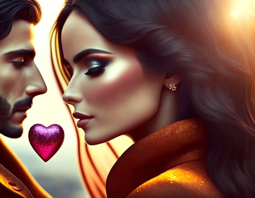 Man and Woman Profile Digital Illustration with Heart Symbol in Warm Light