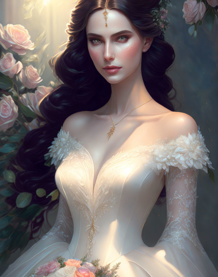 Digital illustration: Elegant woman with dark hair and green eyes in white floral gown among roses