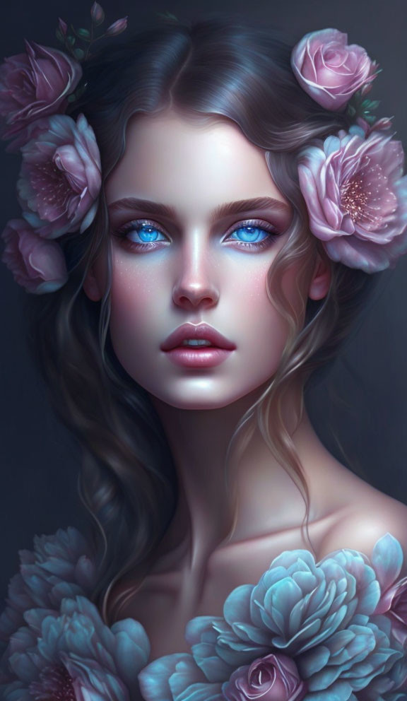 Digital portrait of woman with blue eyes and pink flowers in hair