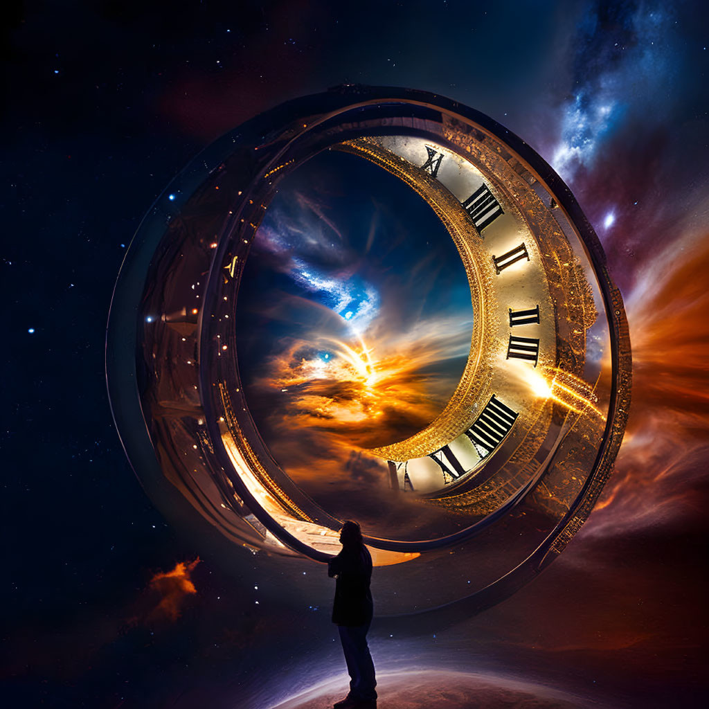 Surreal circular space structure with clock elements and cosmic scenery