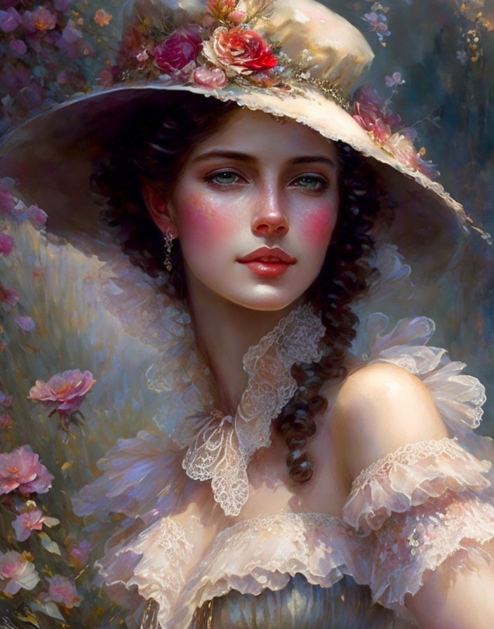 Classical beauty in wide-brimmed hat with roses & lace, floral motifs